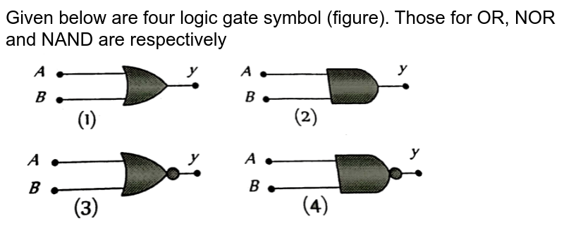Given below are four logic gate symbol (figure). Those for OR, NOR and NAND are respectively  <br> <img src="https://d10lpgp6xz60nq.cloudfront.net/physics_images/ERRL_PHY_NEET_V02_C27_E01_254_Q01.png" width="80%">
