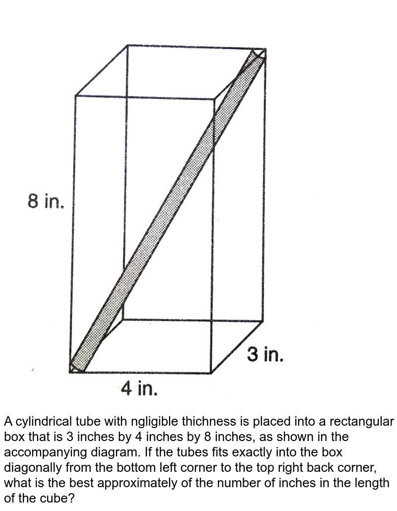 A cylindrical tube with ngligible thichness is placed into a rectangular box that is 3 inches by 4 inches by 8 inches, as shown in the accompanying diagram. If the tubes fits exactly into the box diagonally from the bottom left corner to the top right back corner, what is the best approximately of the number of inches in the length of the cube?