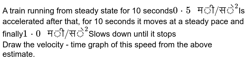 A train running from steady state for 10 seconds 0*5" मी/से"^(2) Is accelerated after that, for 10 seconds it moves at a steady pace and finally 1*0" मी/से"^(2) Slows down until it stops Draw the velocity - time graph of this speed from the above estimate.