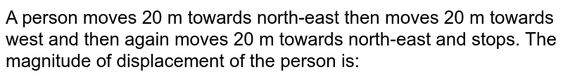 A person moves 20 m towards north-east then moves 20 m towards west and then again moves 20 m towards north-east and stops. The magnitude of displacement of the person is: 