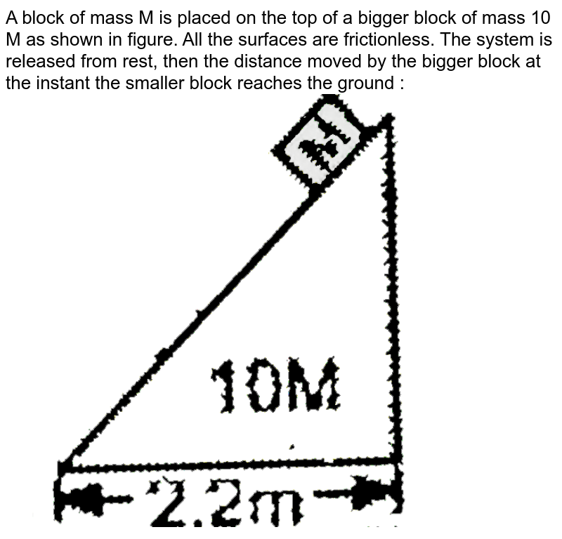 A block of mass M is placed on the top of a bigger block of mass 10 M as shown in figure. All the surfaces are frictionless. The system is released from rest, then the distance moved by the bigger block at the instant the smaller block reaches the ground : <br> <img src="https://d10lpgp6xz60nq.cloudfront.net/physics_images/EAM_MEC_V01_C04_E01_095_Q01.png" width="80%">