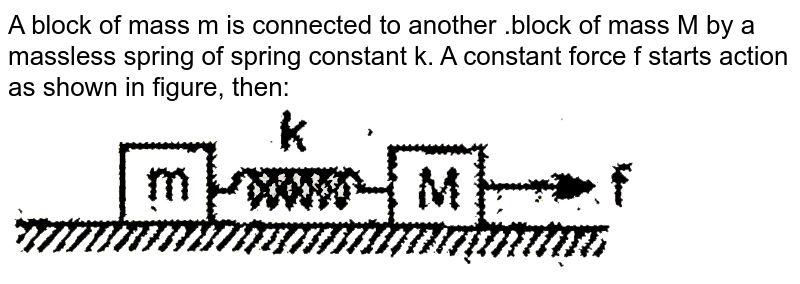 A block of mass m is connected to another .block of mass M by a massless spring of spring constant k. A constant force f starts action as shown in figure, then:  <br> <img src="https://d10lpgp6xz60nq.cloudfront.net/physics_images/EAM_MEC_V01_C04_E01_229_Q01.png" width="80%">