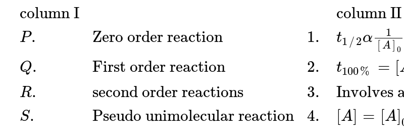 Column I Column Ii P Zero Order Reaction 1 T 1