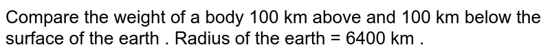Compare the weight of a body 100 km above and 100 km below the surface of the earth . Radius of the earth = 6400 km .