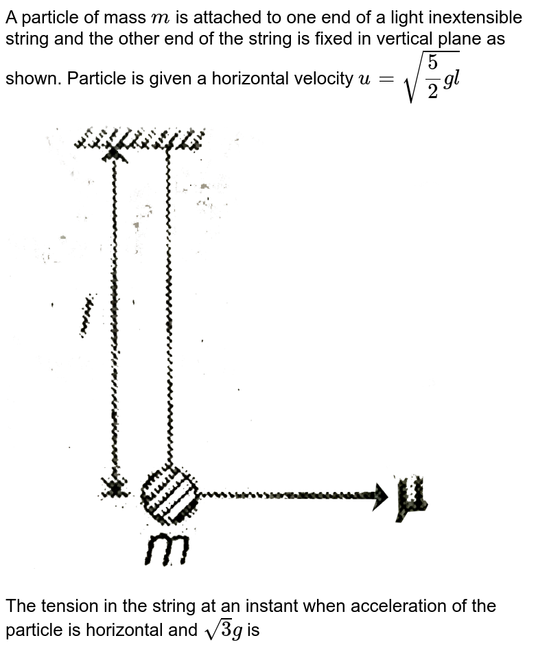 A particle of mass `m` is attached to one end of a light inextensible string and the other end of the string is fixed in vertical plane as shown. Particle is given a horizontal velocity `u = sqrt((5)/(2)gl)` <br> <img src="https://d10lpgp6xz60nq.cloudfront.net/physics_images/MPP_PHY_C06_E01_074_Q01.png" width="80%"> <br> The tension in the string at an instant when acceleration of the particle is horizontal and `sqrt(3)g` is