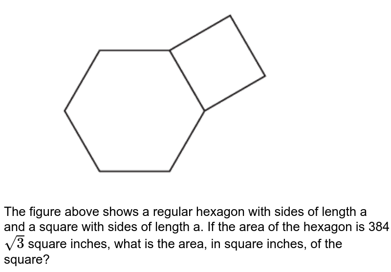 The figure above shows a regular hexagon with sides of length a and a square with sides of length a. If the area of the hexagon is 384 sqrt(3) square inches, what is the area, in square inches, of the square?