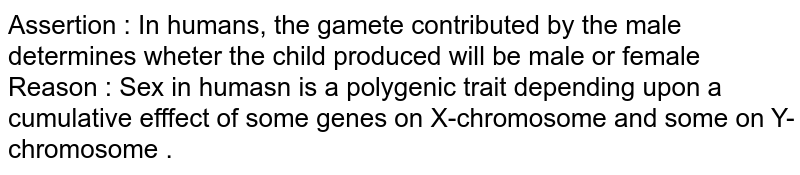 Assertion : In humans, the gamete contributed by the male determines wheter the child produced will be male or female Reason : Sex in humasn is a polygenic trait depending upon a cumulative efffect of some genes on X-chromosome and some on Y-chromosome .