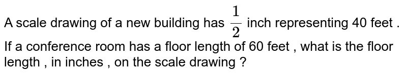 A scale drawing of a new building has `1/2` inch representing 40 feet . If a conference room has a floor length of 60 feet , what is the floor length , in inches , on the scale drawing ?