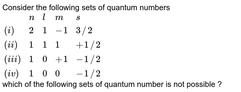 Consider the following sets of quantum numbers {:(,n,l,m,s),((i),2,1,-1,3//2),((ii),1,1,1,+1//2),((iii),1,0,+1,-1//2),((iv),1,0, 0,-1//2):} which of the following sets of quantum number is not possible ?