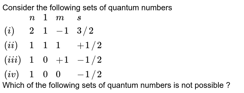 Consider the following sets of quantum numbers {:(,n,1,m,s),((i),2,1,-1,3//2),((ii),1,1,1,+1//2),((iii),1,0,+1,-1//2),((iv),1,0,0,-1//2):} Which of the following sets of quantum numbers is not possible ?
