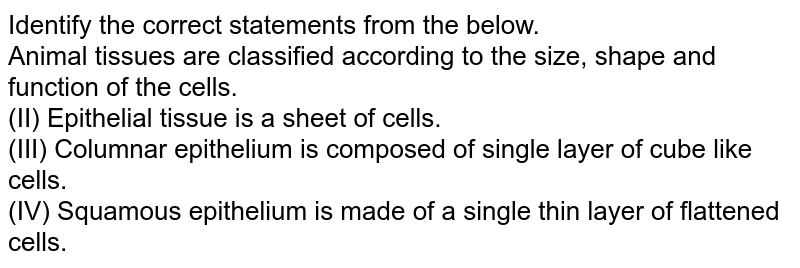 Identify the correct statements from the below. Animal tissues are classified according to the size, shape and function of the cells. (II) Epithelial tissue is a sheet of cells. (III) Columnar epithelium is composed of single layer of cube like cells. (IV) Squamous epithelium is made of a single thin layer of flattened cells.