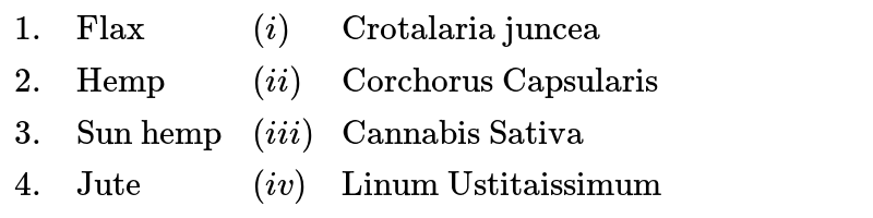 {:("1.","Flax",(i),"Crotalaria juncea"),(2.,"Hemp",(ii),"Corchorus Capsularis"),(3.,"Sun hemp",(iii),"Cannabis Sativa"),(4.,"Jute",(iv),"Linum Ustitaissimum"):}