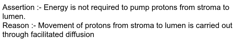 Assertion :- Energy is not required to pump protons from stroma to lumen. Reason :- Movement of protons from stroma to lumen is carried out through facilitated diffusion