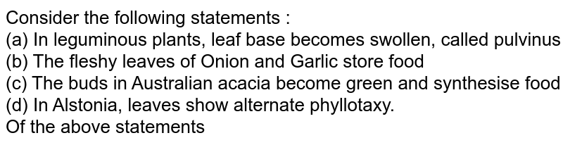 Consider the following statements : (a) In leguminous plants, leaf base becomes swollen, called pulvinus (b) The fleshy leaves of Onion and Garlic store food (c) The buds in Australian acacia become green and synthesise food (d) In Alstonia, leaves show alternate phyllotaxy. Of the above statements
