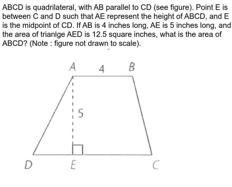 ABCD is quadrilateral, with AB parallel to CD (see figure). Point E is between C and D such that AE represent the height of ABCD, and E is the midpoint of CD. If AB is 4 inches long, AE is 5 inches long, and the area of trianlge AED is 12.5 square inches, what is the area of ABCD? (Note : figure not drawn to scale).