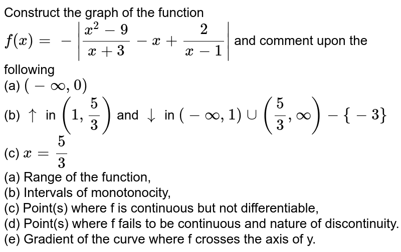 Construct The Graph Of The Function F X X 2 9 X 3 X 2 X 1 And Comment Upon The Following A Oo 0 B Uarr In 1 5 3 And Darr In Oo 1 Uu 5 3 Oo 3 C X 5 3 A Range Of The Function B Intervals