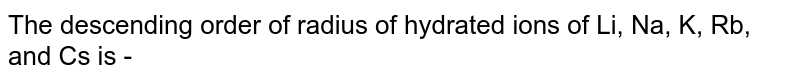 The descending order of radius of hydrated ions of Li, Na, K, Rb, and Cs is -