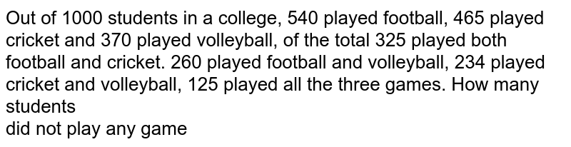 Out of 1000 students in a college, 540 played football, 465 played cricket and 370 played volleyball, of the total 325 played both football and cricket. 260 played football and volleyball, 234 played cricket and volleyball, 125 played all the three games. How many students did not play any game