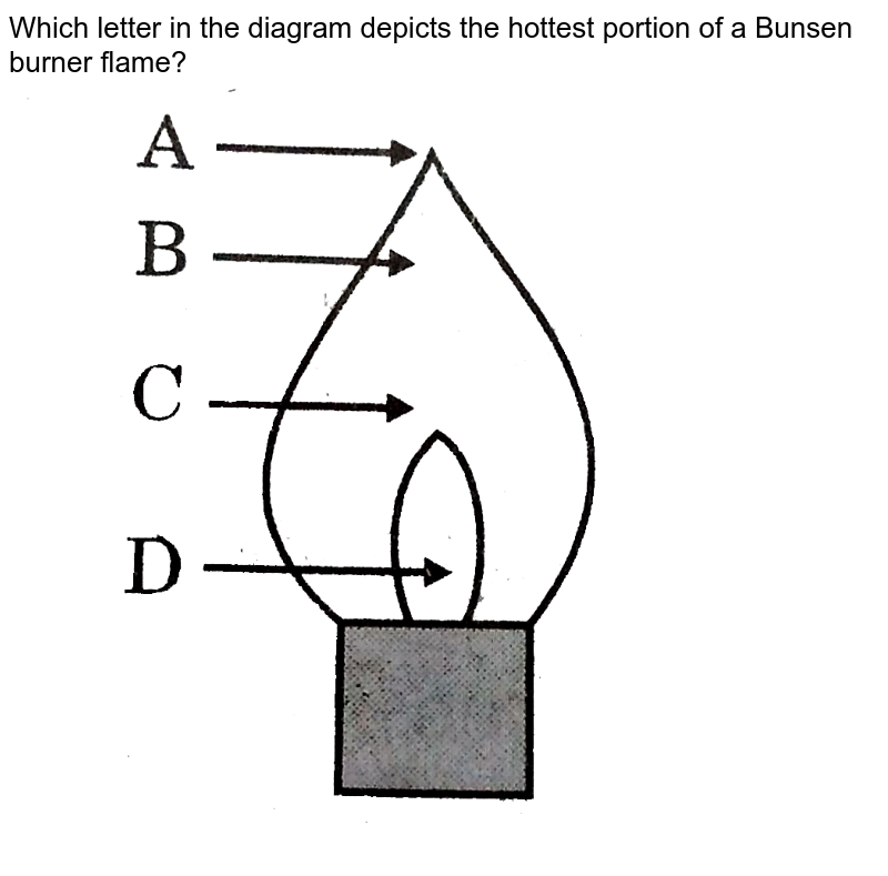 Which letter in the diagram depicts the hottest portion of a Bunsen burner flame?