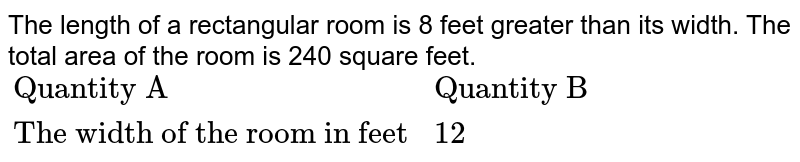 The length of a rectangular room is 8 feet greater than its width. The total area of the room is 240 square feet. {:("Quantity A","Quantity B"),("The width of the room in feet",12):}