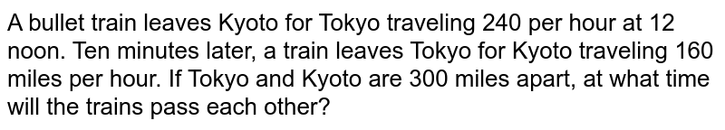 A bullet train leaves Kyoto for Tokyo traveling 240 per hour at 12 noon. Ten minutes later, a train leaves Tokyo for Kyoto traveling 160 miles per hour. If Tokyo and Kyoto are 300 miles apart, at what time will the trains pass each other?