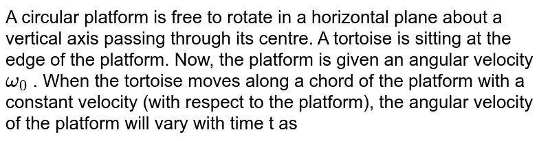 A circular platform is free to rotate in a horizontal plane about a vertical axis passing through its centre. A tortoise is sitting at the edge of the platform. Now, the platform is given an angular velocity `omega_(0)` . When the tortoise moves along a chord of the platform with a constant velocity (with respect to the platform), the angular velocity of the platform  will vary with time t as 