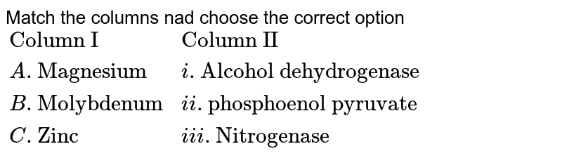 Match the columns nad choose the correct option {:("Column I", "Column II"),(A."Magnesium",i."Alcohol dehydrogenase"),(B."Molybdenum",ii."phosphoenol pyruvate"),(C."Zinc",iii."Nitrogenase"):}