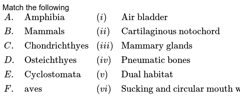 Match the following {:(A.,"Amphibia",(i),"Air bladder",),(B.,"Mammals",(ii),"Cartilaginous notochord",),(C.,"Chondrichthyes",(iii),"Mammary glands",),(D.,"Osteichthyes",(iv),"Pneumatic bones",),(E.,"Cyclostomata",(v),"Dual habitat",),(F.,"aves",(vi),"Sucking and circular mouth with out jaws".,):}