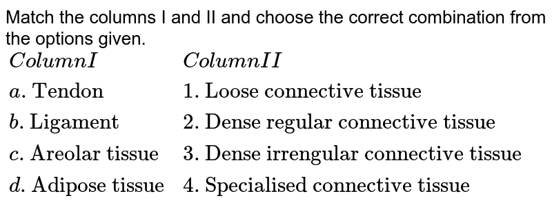 Match the columns I and II and choose the correct combination from the options given. {:(Column I,Column II),(a."Tendon",1."Loose connective tissue"),(b."Ligament",2."Dense regular connective tissue"),(c."Areolar tissue",3."Dense irrengular connective tissue"),(d."Adipose tissue",4."Specialised connective tissue"):}