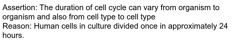 Assertion: The duration of cell cycle can vary from organism to organism and also from cell type to cell type <br> Reason: Human cells in culture divided once in approximately 24 hours.