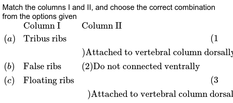 Match the columns I and II, and choose the correct combination from the options given {:(,"Column I","Column II"),((a),"Tribus ribs",(1)"Attached to vertebral column dorsally and to seventh rib ventrally"),((b),"False ribs",(2)"Do not connected ventrally"),((c ),"Floating ribs",(3)"Attached to vertebral column dorsally and to sternum ventrally"):}