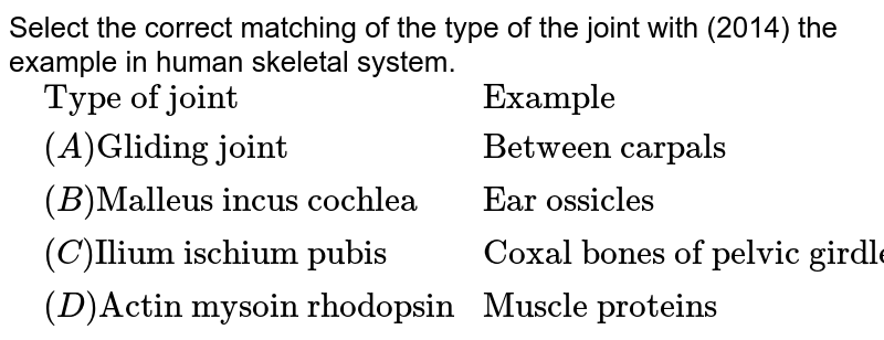 Select the correct matching of the type of the joint with (2014) the example in human skeletal system. {:(,"Type of joint","Example"),(,(A)"Gliding joint","Between carpals"),(,(B)"Malleus incus cochlea","Ear ossicles"),(,(C)"Ilium ischium pubis","Coxal bones of pelvic girdle"),(,(D)"Actin mysoin rhodopsin","Muscle proteins"):}