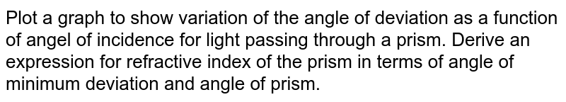 Plot a graph to show variation of the angle of deviation as a function of angel of incidence for light passing through a prism. Derive an expression for refractive index of the prism in terms of angle of minimum deviation and angle of prism.