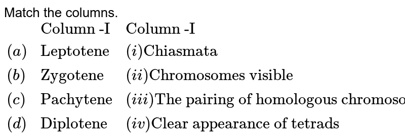 Match the columns. {:(,"Column -I","Column -I"),((a),"Leptotene",(i)"Chiasmata"),((b),"Zygotene",(ii)"Chromosomes visible"),((c),"Pachytene",(iii) "The pairing of homologous chromosome "),((d),"Diplotene",(iv)"Clear appearance of tetrads"):}