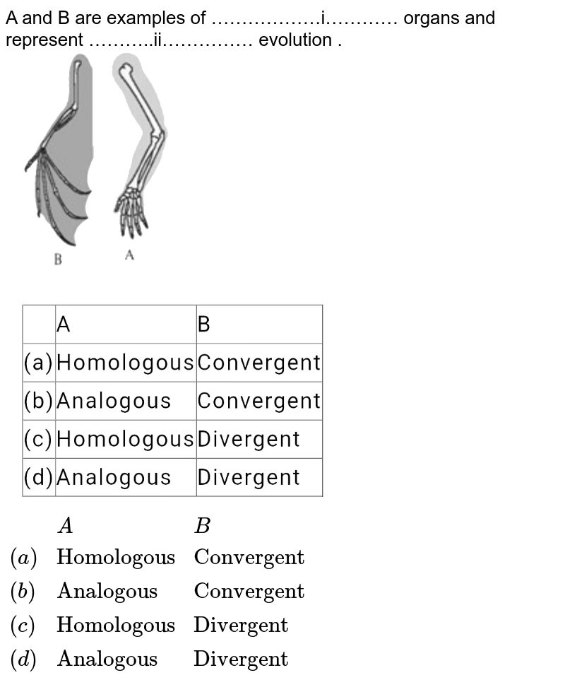 A and B are examples of ………………i………… organs and represent ………..ii…………… evolution . {:(,A,B),((a),"Homologous", "Convergent"),((b),"Analogous","Convergent"),((c),"Homologous","Divergent"),((d),"Analogous","Divergent"):}