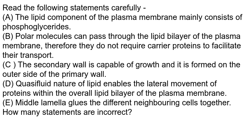 Read the following statements carefully - (A) The lipid component of the plasma membrane mainly consists of phosphoglycerides. (B) Polar molecules can pass through the lipid bilayer of the plasma membrane, therefore they do not require carrier proteins to facilitate their transport. (C ) The secondary wall is capable of growth and it is formed on the outer side of the primary wall. (D) Quasifluid nature of lipid enables the lateral movement of proteins within the overall lipid bilayer of the plasma membrane. (E) Middle lamella glues the different neighbouring cells together. How many statements are incorrect?