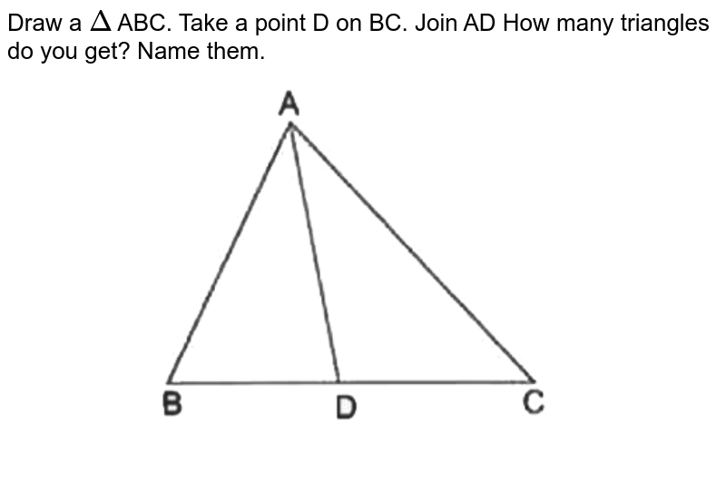 Draw a `Delta` ABC. Take a point D on BC. Join AD How many triangles do you get? Name them. <br> <img src="https://d10lpgp6xz60nq.cloudfront.net/physics_images/RSA_MAT_VI_C16_E01_010_Q01.png" width="80%">