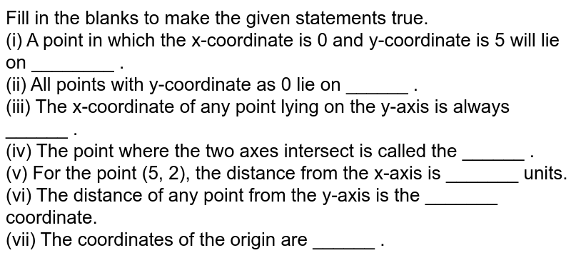 Fill in the blanks to make the given statements true. (i) A point in which the x-coordinate is 0 and y-coordinate is 5 will lie on ________ . (ii) All points with y-coordinate as 0 lie on ______ . (iii) The x-coordinate of any point lying on the y-axis is always ______ . (iv) The point where the two axes intersect is called the ______ . (v) For the point (5, 2), the distance from the x-axis is _______ units. (vi) The distance of any point from the y-axis is the _______ coordinate. (vii) The coordinates of the origin are ______ .