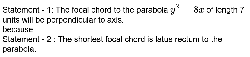 Statement - 1: The focal chord to the parabola `y^(2)=8x` of length 7 units will be perpendicular to axis. <br> because <br> Statement - 2 : The shortest focal chord is latus rectum to the parabola.