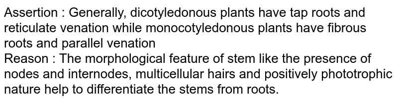Assertion : Generally, dicotyledonous plants have tap roots and reticulate venation while monocotyledonous plants have fibrous roots and parallel venation Reason : The morphological feature of stem like the presence of nodes and internodes, multicellular hairs and positively phototrophic nature help to differentiate the stems from roots.