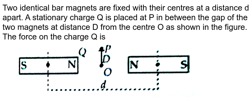 Two identical bar magnets are fixed with their centres at a distance d apart. A stationary charge Q is placed at P in between the gap of the two magnets at distance D from the centre O as shown in the figure. The force on the charge Q is <br> <img src="https://d10lpgp6xz60nq.cloudfront.net/physics_images/NCERT_OBJ_FING_PHY_XII_C05_E01_020_Q01.png" width="80%">