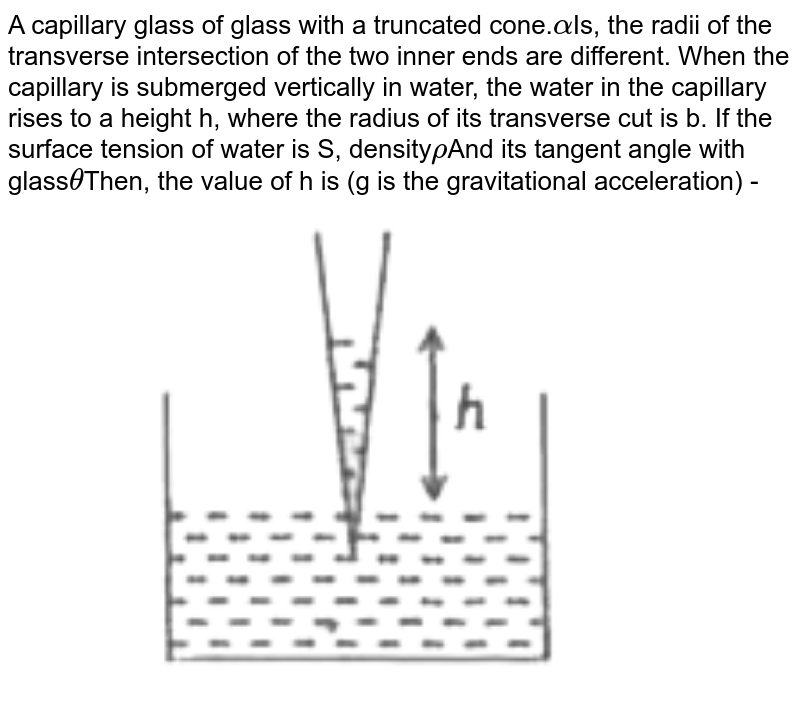 A capillary glass of glass with a truncated cone. alpha Is, the radii of the transverse intersection of the two inner ends are different. When the capillary is submerged vertically in water, the water in the capillary rises to a height h, where the radius of its transverse cut is b. If the surface tension of water is S, density rho And its tangent angle with glass theta Then, the value of h is (g is the gravitational acceleration) -