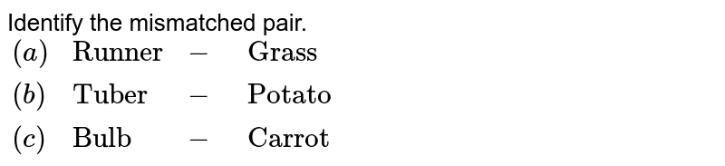 Identify the mismatched pair. {:((a),"Runner",-,"Grass"),((b),"Tuber",-,"Potato"),((c),"Bulb",-,"Carrot"):}