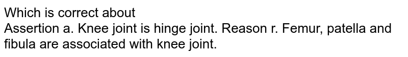 Which is correct about Assertion a. Knee joint is hinge joint. Reason r. Femur, patella and fibula are associated with knee joint.