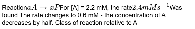 Reaction aAtoxP For [A] = 2.2 mM, the rate 2.4 mMs^(-1) Was found The rate changes to 0.6 mM - the concentration of A decreases by half. Class of reaction relative to A