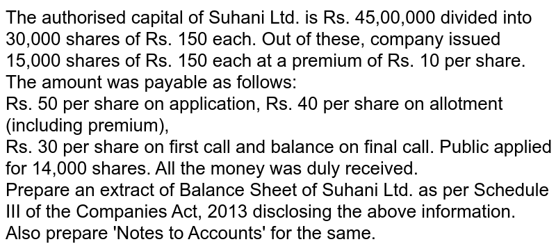 The authorised capital of Suhani Ltd. is Rs. 45,00,000 divided into 30,000 shares of Rs. 150 each. Out of these, company issued 15,000 shares of Rs. 150 each at a premium of Rs. 10 per share. The amount was payable as follows: Rs. 50 per share on application, Rs. 40 per share on allotment (including premium), Rs. 30 per share on first call and balance on final call. Public applied for 14,000 shares. All the money was duly received. Prepare an extract of Balance Sheet of Suhani Ltd. as per Schedule III of the Companies Act, 2013 disclosing the above information. Also prepare 'Notes to Accounts' for the same.