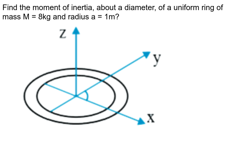 Find the moment of inertia, about a diameter, of a uniform ring of mass M = 8kg and radius a = 1m? <br> <img src="https://d10lpgp6xz60nq.cloudfront.net/physics_images/VMC_NEET_XI_PHY_MOD_02_C06_SLV_025_Q01.png" width="80%">