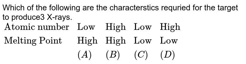 Which of the following are the characterstics requried for the target to produce3 X-rays. {:("Atomic number","Low","High","Low","High"),("Melting Point","High","High","Low","Low"),(,(A),(B),(C),(D)):}