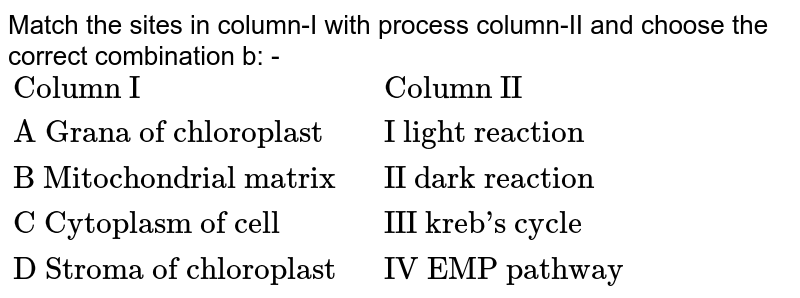 Match the sites in column-I with process column-II and choose the correct combination b: - {:("Column I","Column II"),("A Grana of chloroplast","I light reaction"),("B Mitochondrial matrix","II dark reaction"),("C Cytoplasm of cell","III kreb's cycle"),("D Stroma of chloroplast " ,"IV EMP pathway"):}