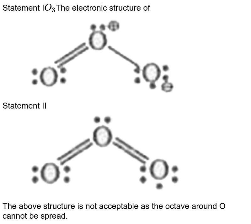 Statement I O_(3) The electronic structure of Statement II The above structure is not acceptable as the octave around O cannot be spread.